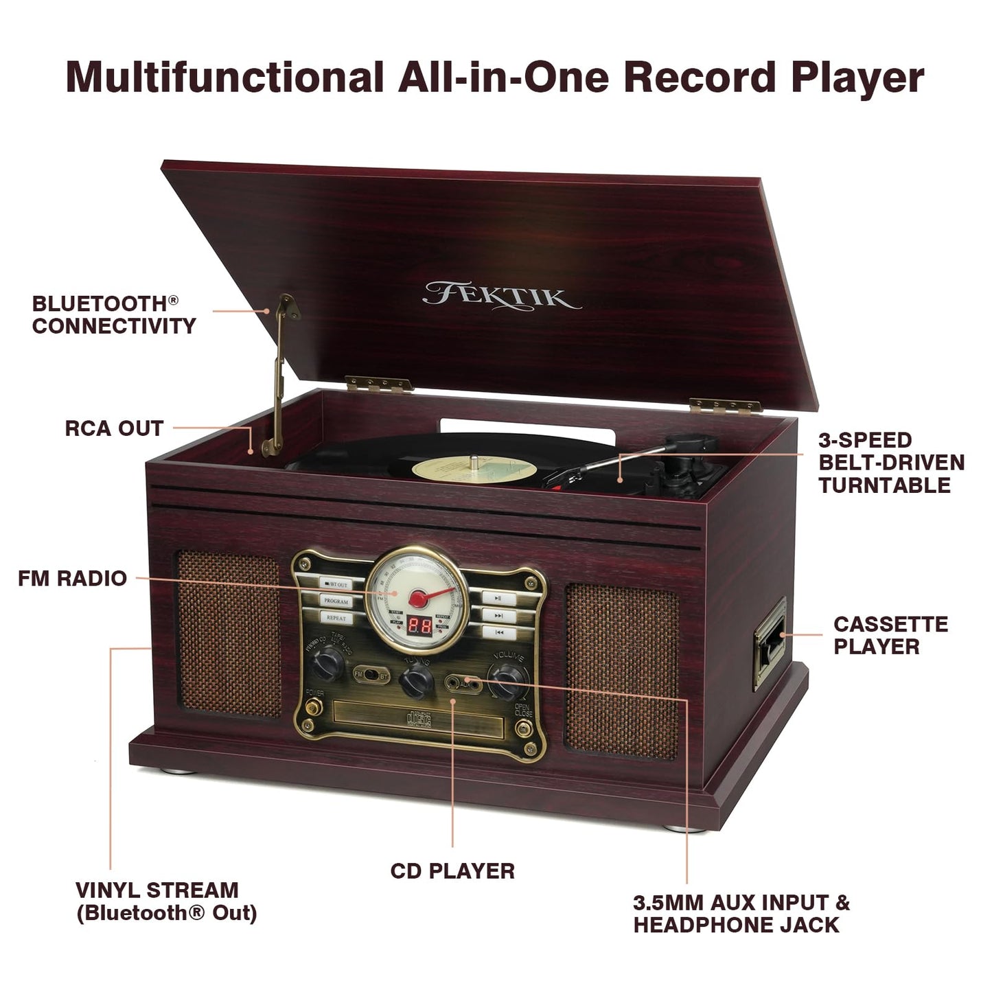 FEKTIK Bluetooth Record Player 10 in 1, 3-Speed Belt-Drive Turntable with Speakers, Bluetooth Input & Output, CD, Cassette, FM Radio, Wireless