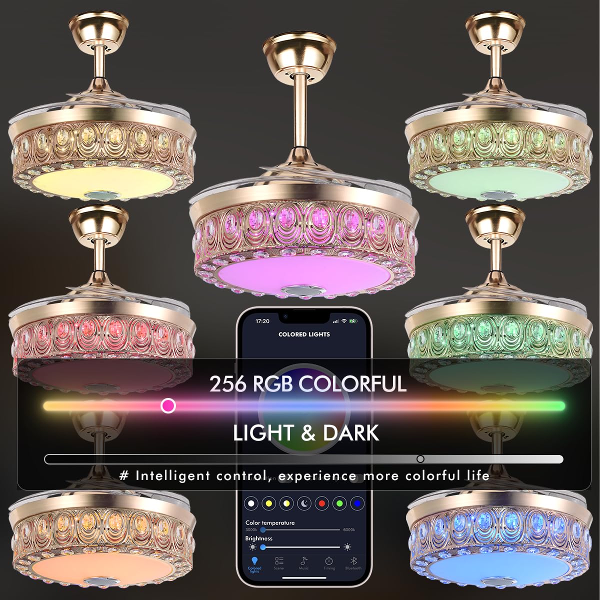 A Million Modern Fandelier Ceiling Fan with Light and Remote, 42”Gold Retractable Chandelier Ceiling Fans with Bluetooth Speaker 3 Speeds RGB LED