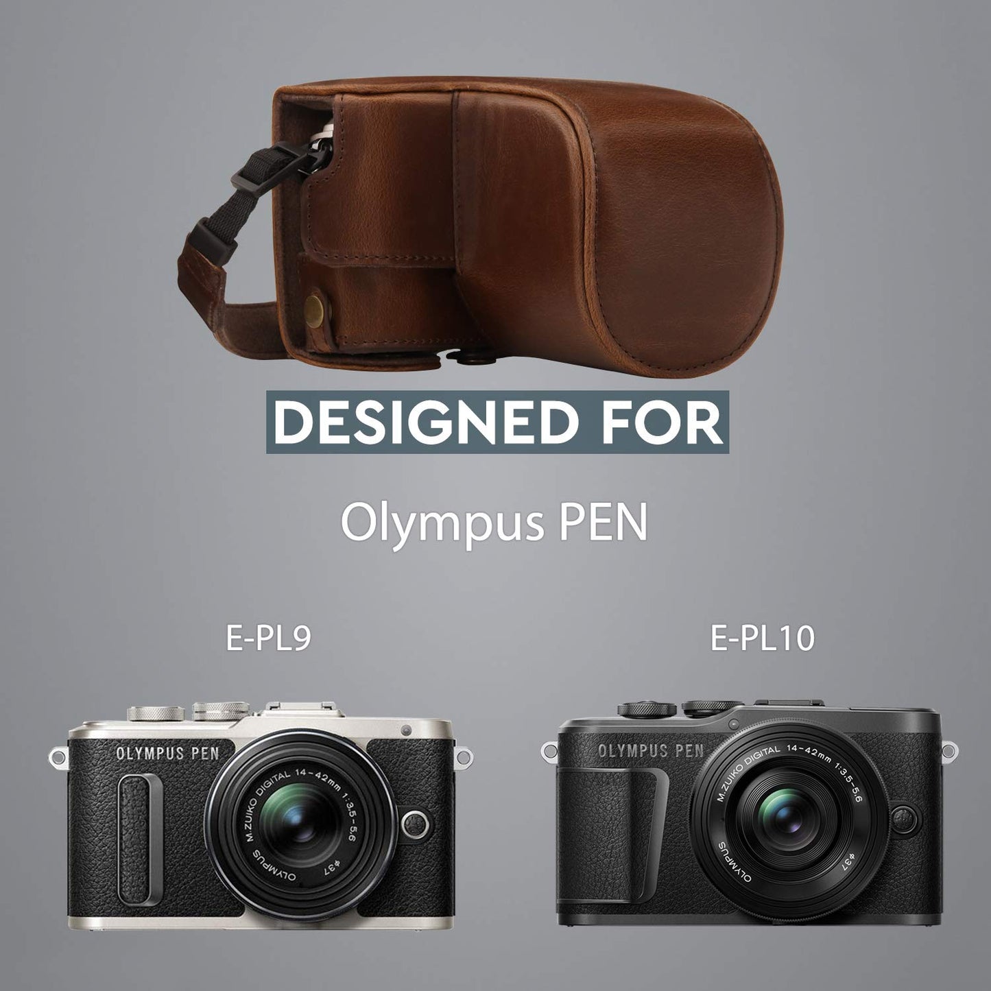 MegaGear Ever Ready Leather Camera Case Compatible with Olympus Pen E-PL10, E-PL9 (14-42mm)