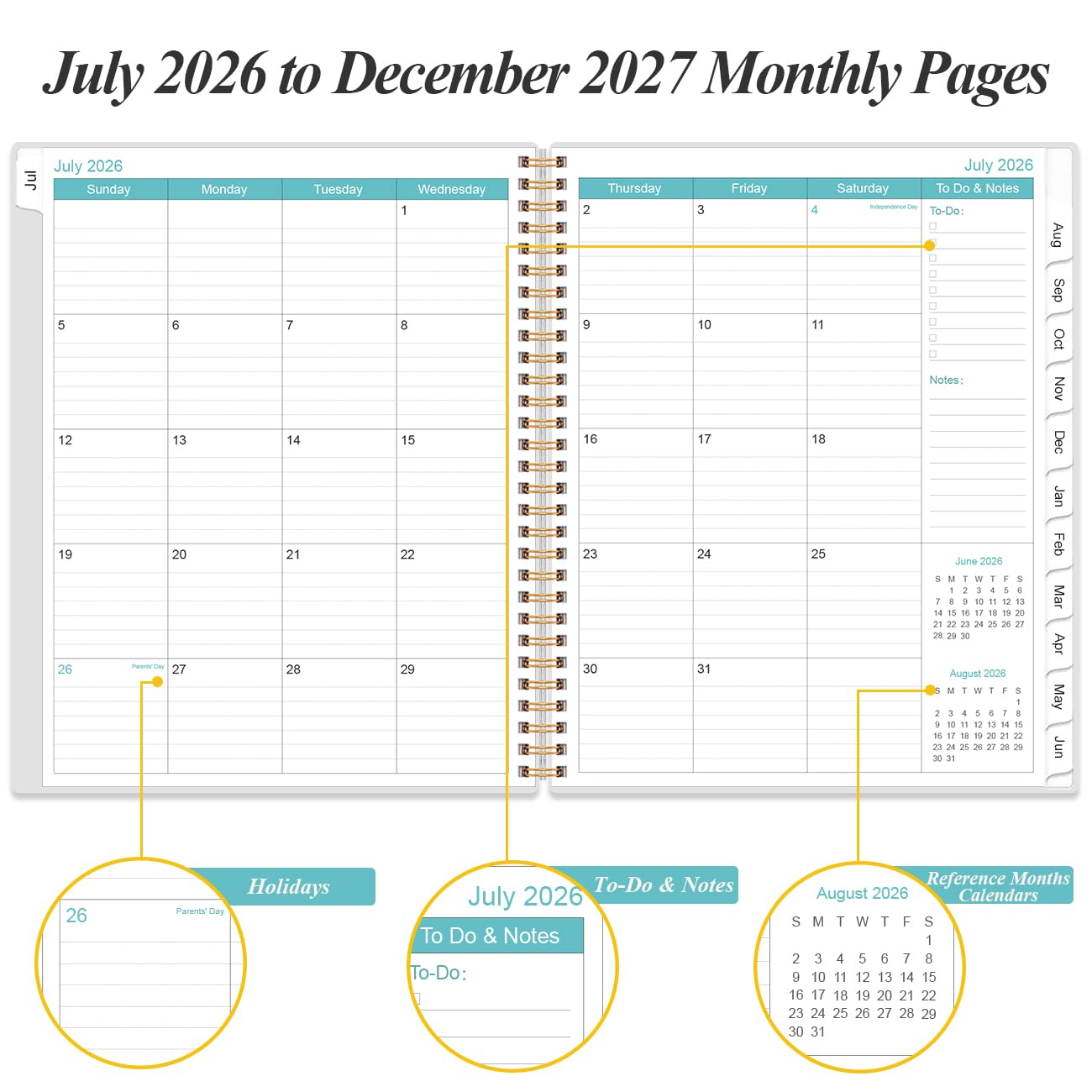 2026-2027 Monthly Planner - 18 Monthly Calendar, July 2026 - December 2027, Two Pages Per Month, 9" x11" Planner with Tabs, Strong Twin-Wire Binding