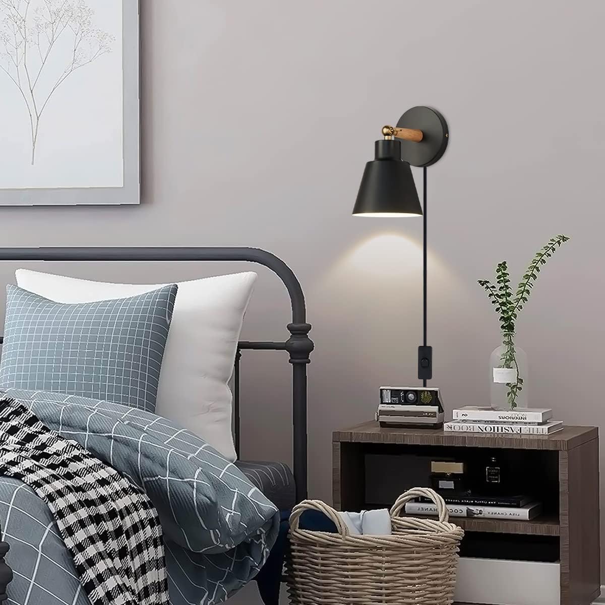 ClanKin Plug in Wall Sconces Lighting Set of 2, Black Wood Style Wall Sconce Reading Lamp, Adjustable Wall Light for Bedroom Hallway Living Room (2