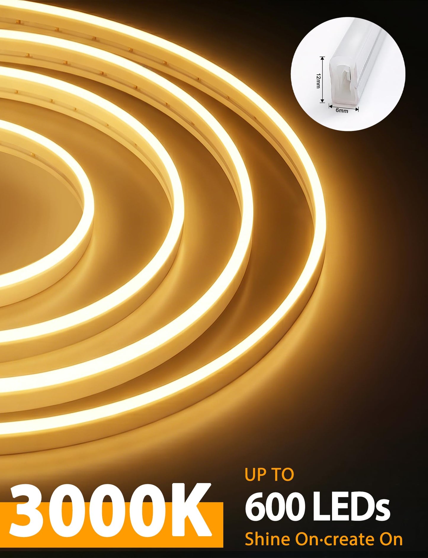 Lamomo LED Neon Lights, 12V Warm White Dimmable LED Strip Lights, 16.4ft/5m Waterproof LED Neon Rope Lights, Silicone 3000K Neon LED Strip for Bedroom