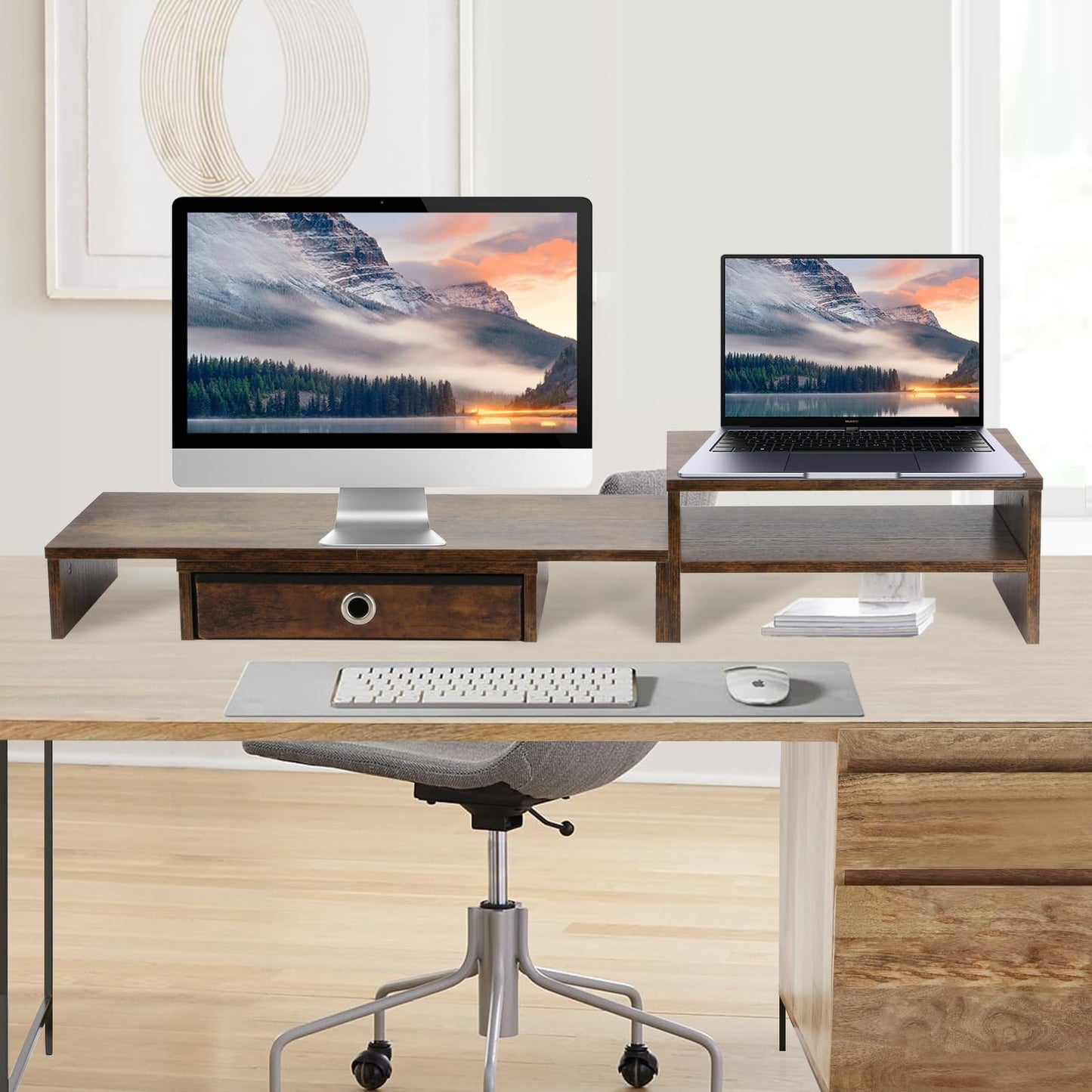 Caredear Monitor Riser for 3 Monitors, Dual Monitor Stand for Desk, Triple Monitor Stand with Drawer, Dual Monitor Stand with Storage, Extra Long