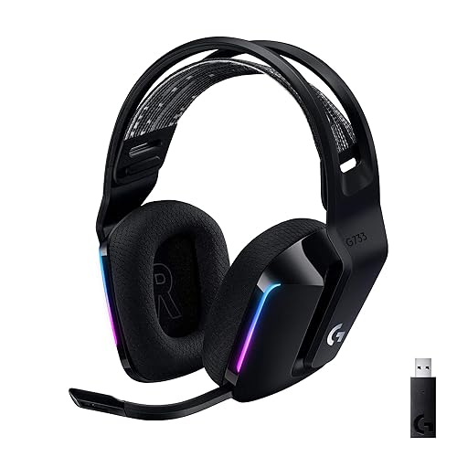 Logitech G733 Lightspeed Wireless Gaming Headset, Suspension Headband, Lightsync RGB, Blue VO!CE Mic, PRO-G Audio - Black, Gaming Headset Wireless