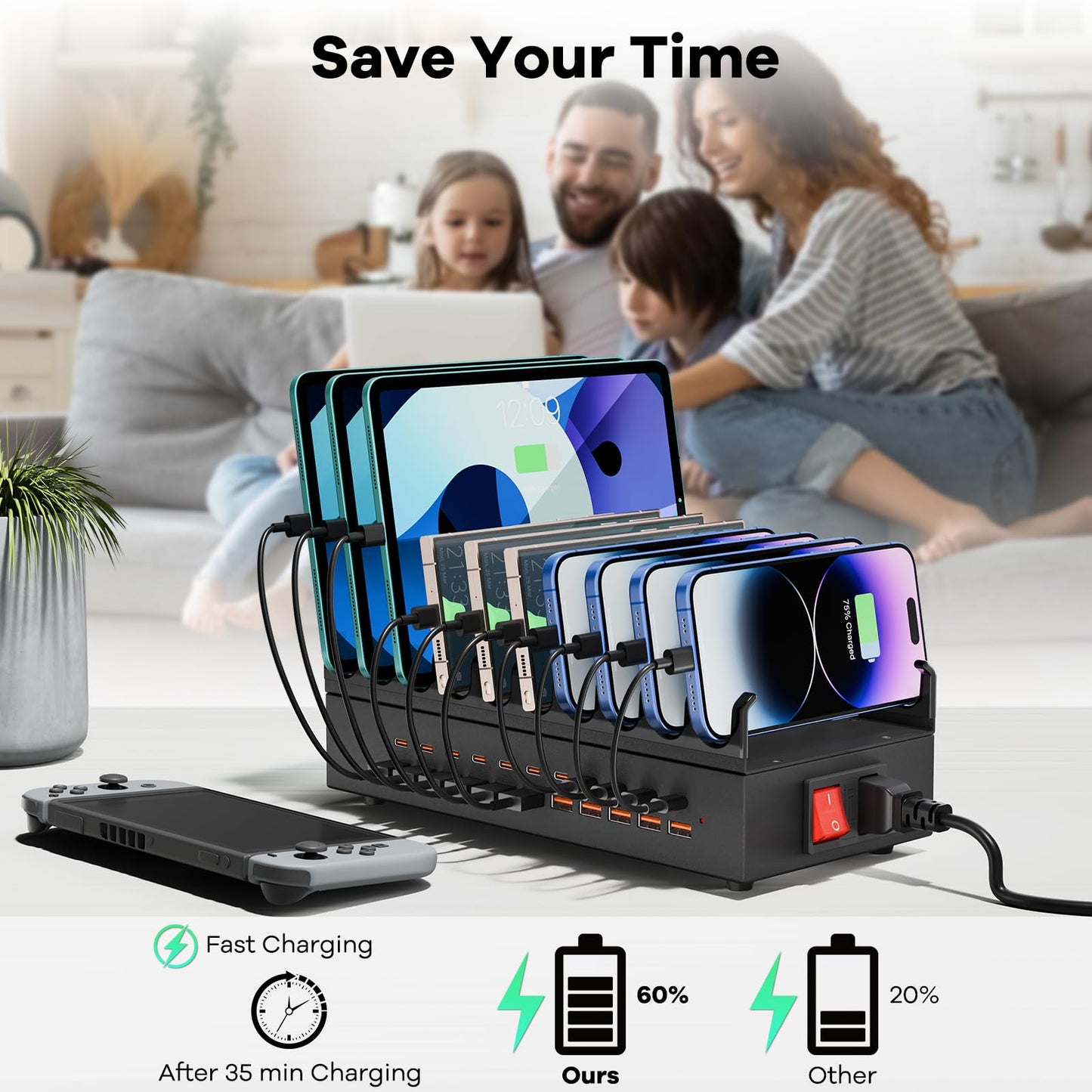 USB~C Charger Block, 300W 22 Port (11 US? A & 11 US?~C) USB Charging Station for Multiple Devices, Desktop Wall Fast Charger with Storage Dividers