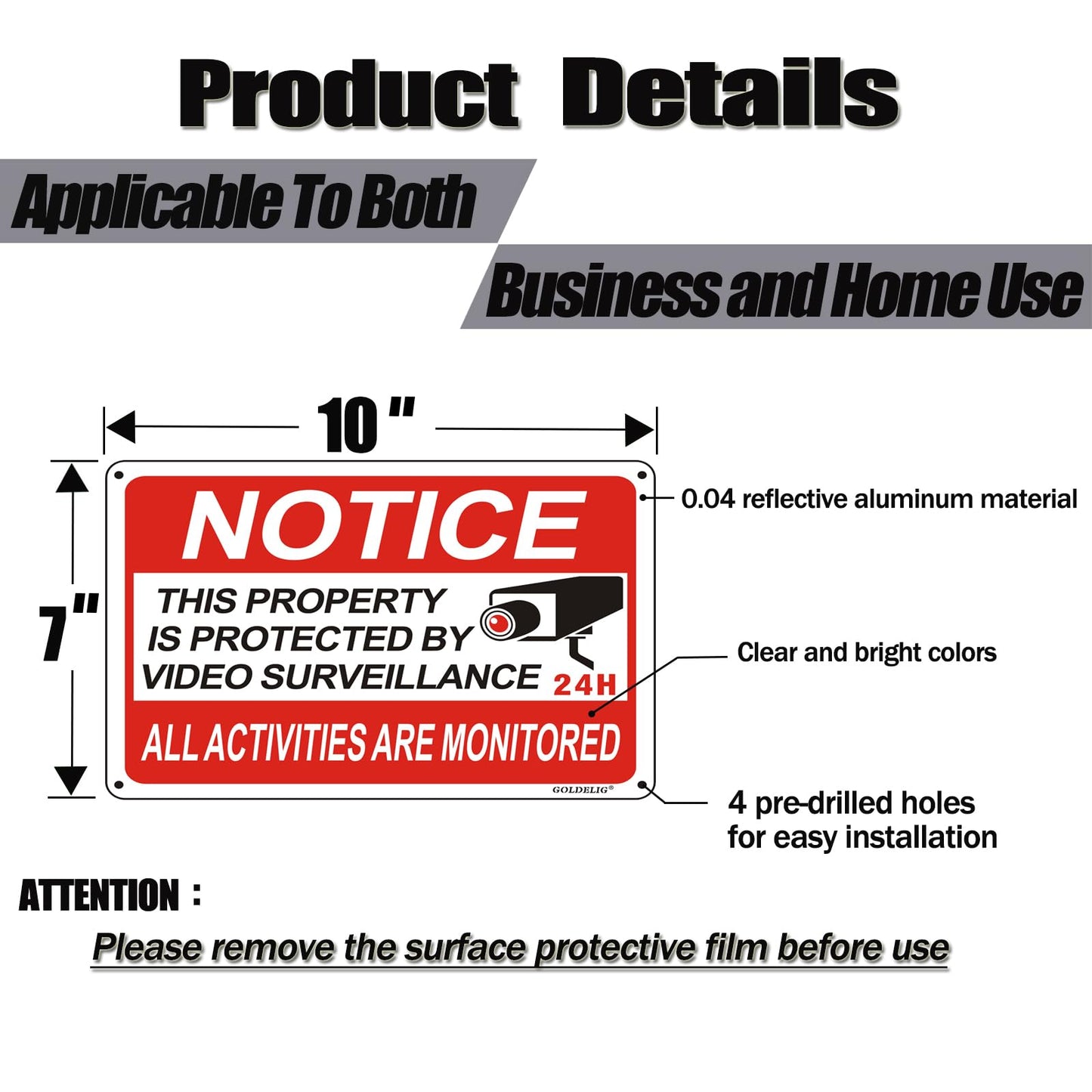 2 Pack Video Surveillance Sign, 10"x 7" Security Camera Signs, Reflective and Waterproof Material 24 Hour Surveillance Sign For Home/Business