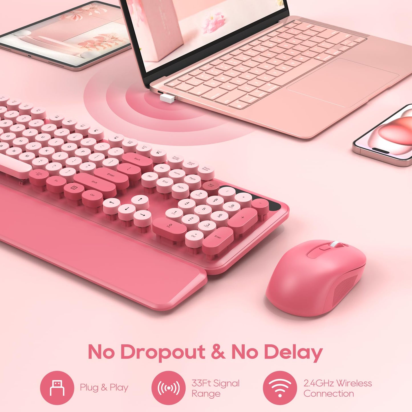 Wireless Keyboard and Mouse Combo, Cute Hot Pink Full-Size Retro Typewriter Keyboard with Round Keycaps, Magnetic Wrist Rest, Tilt Legs, 2.4GHz