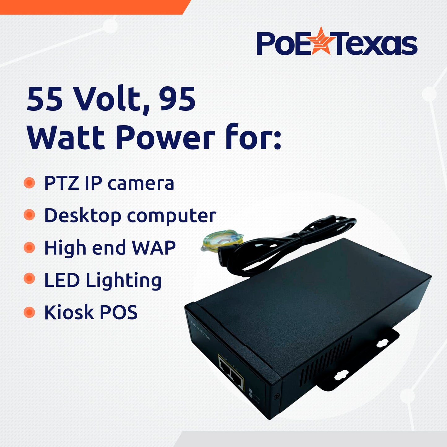 Poe Texas PoE Injector - 802.3bt PoE++ Single Port Power Over Ethernet Injector - Active PoE Adapter with 55V 95W Output - 10/100/1000 Gigabit Data