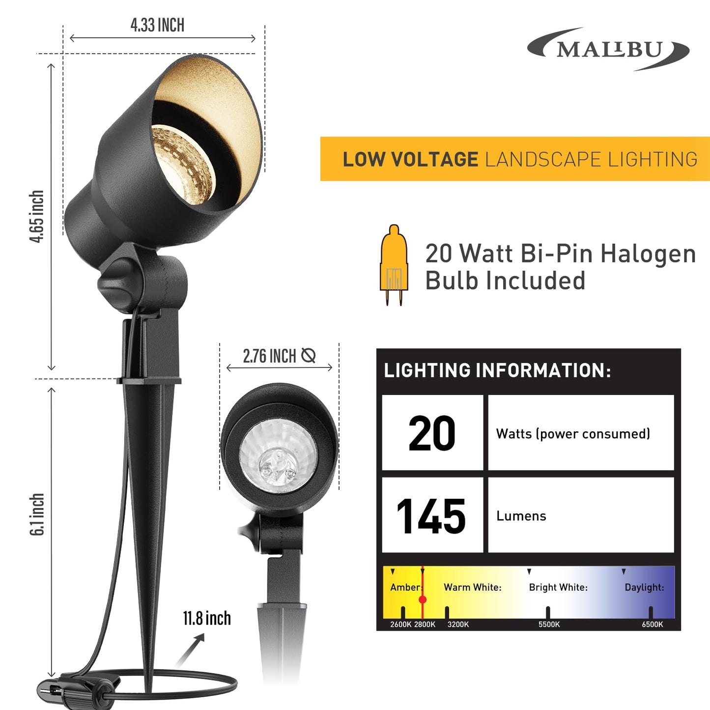 Malibu 20W Landscape Lighting Outdoor Landscape Spotlights Low Voltage 12V AC Warm White Lighting 145Lumen Waterproof for Driveway Yard Lawn Patio