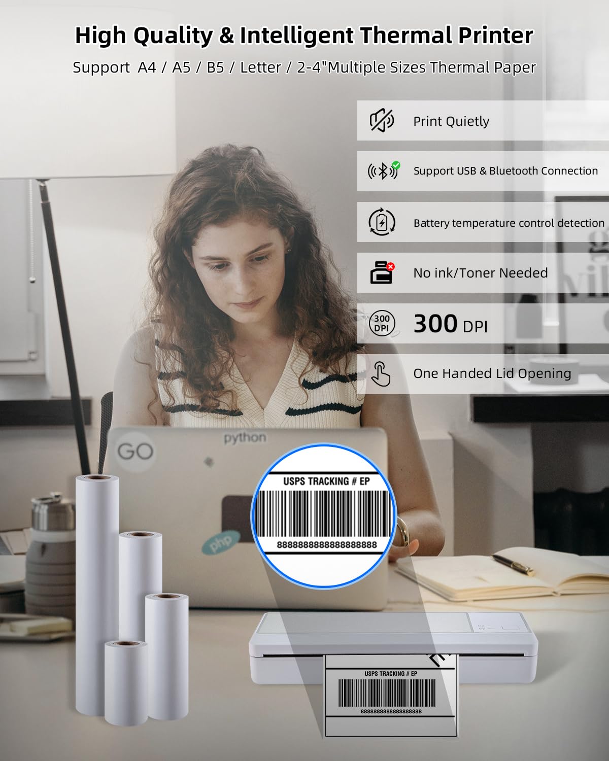 BORN4SHIP Portable Bluetooth Printer - Wireless Thermal Printer, Support Multi-Size Thermal Paper, Compatible with Android and iOS Phone & PC, 300DPI