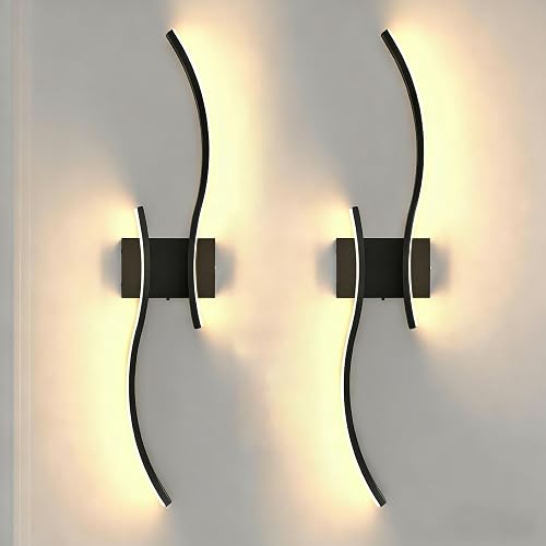 FONSHUKYY Wall Sconces Set of 2 Modern Hardwired - 31.5" Large LED Wall Lights Matte Black Scone - for Bedroom Living Room TV Wall, 3 Color