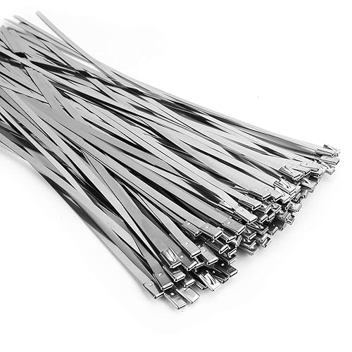 Metal Zip Ties (100PCS 11.8 Inch), 304 Stainless Steel, Heavy Duty Self-locking Cable Ties, for Exhaust Wrap, Chain Link Fence Parts, Heat Resistant
