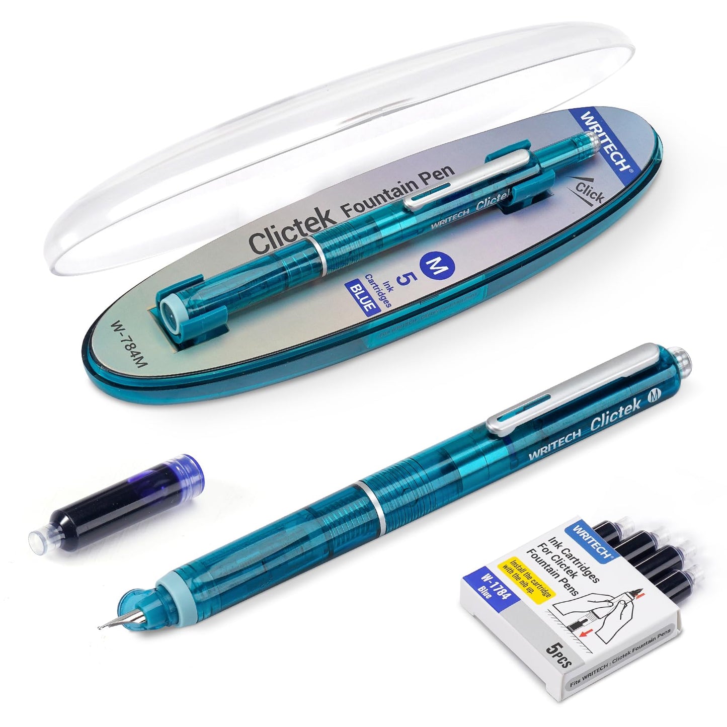 WRITECH Clictek Fountain Pen Set: Retractable Style Blue Ink Medium Nib Transparent Barrel, Includes 5 Ink Cartridges for Gift Set, Smooth Writing No