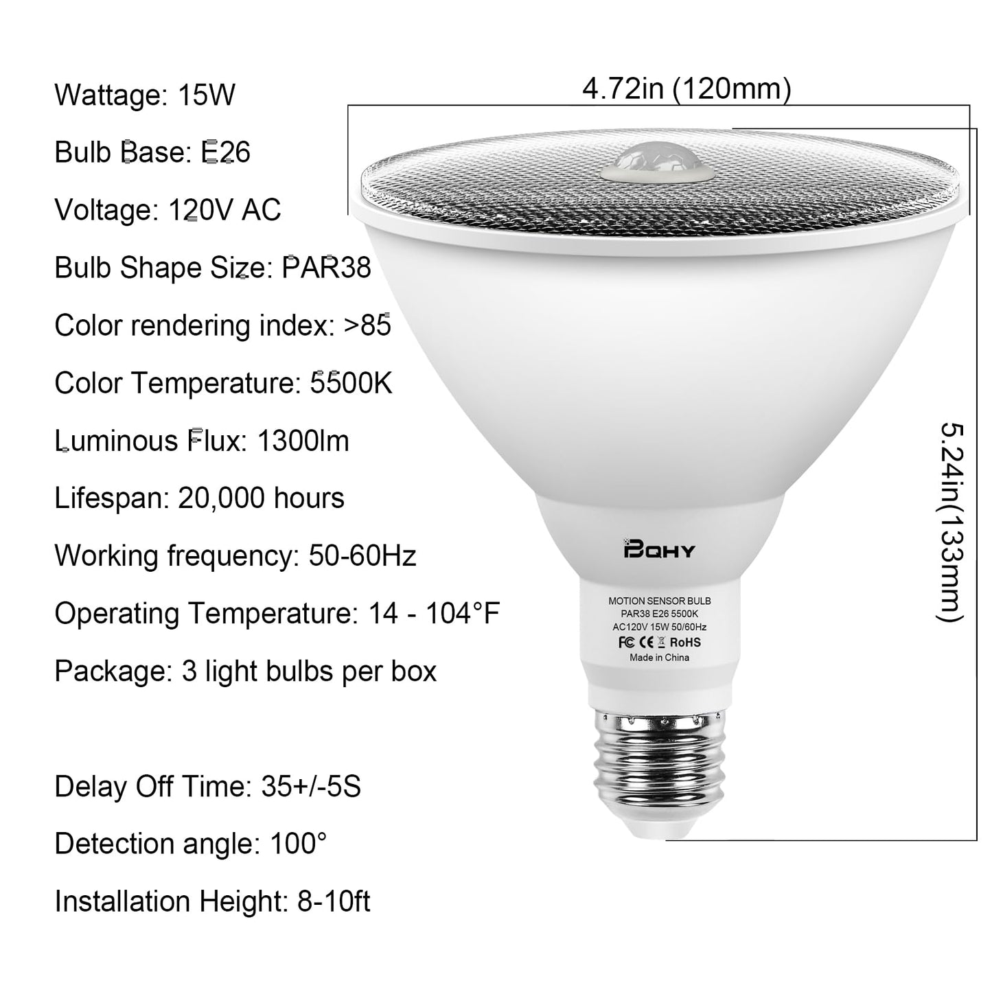 BQHY Motion Sensor Light Bulbs, 5500K Daylight Motion Activated Dusk to Dawn Security Light Bulb, 15W(100W Equivalent) E26 PAR38 Security LED Bulb