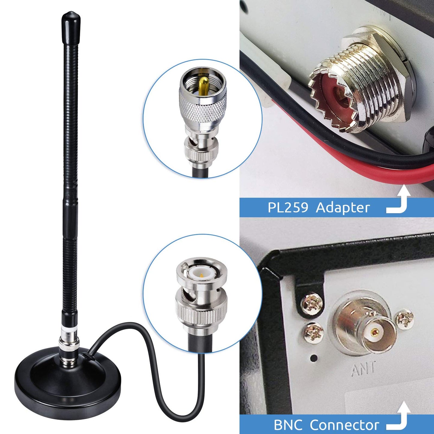Bingfu Magnetic Base CB Antenna 27MHz with BNC & PL259 Male Connector for Cobra Midland Uniden Maxon President Handheld Portable CB Radio, Mobile