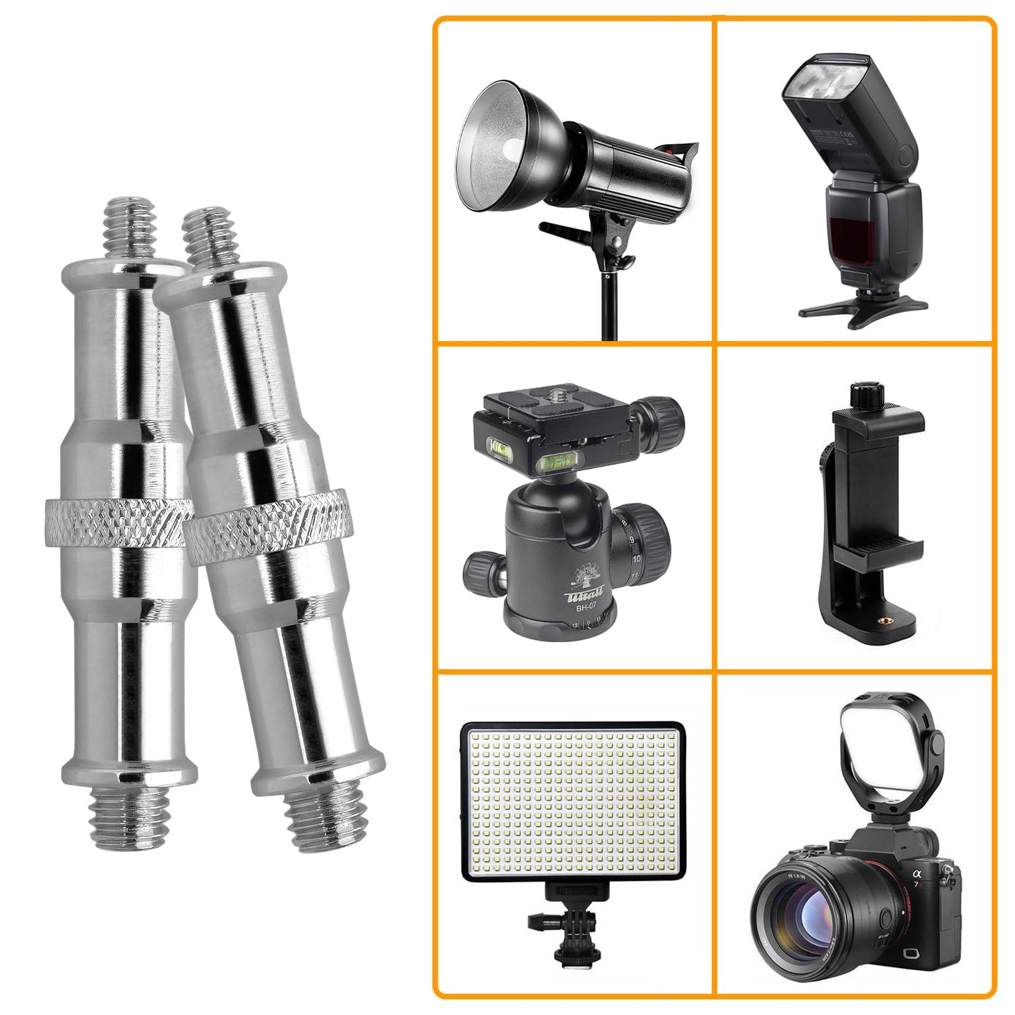 2 Pcs Light Stand Adapter, Spigot Stud 1/4" to 3/8" Metal Male Convertor Threaded Screw Adapter for Studio Light Stand, Camera Tripod Mount