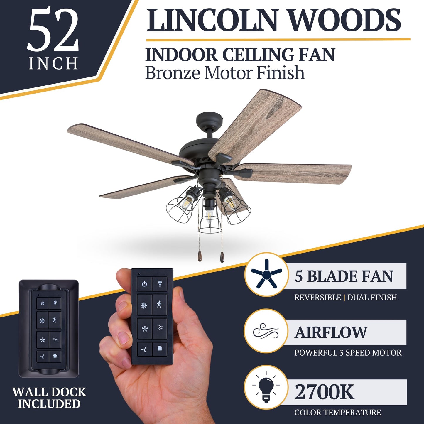 Prominence Home Lincoln Woods 52 Inch Ceiling Fan with LED Light, Pull Chain & Remote, 5 Blades with Reversible Motor and Tri-Mount Options, Bronze