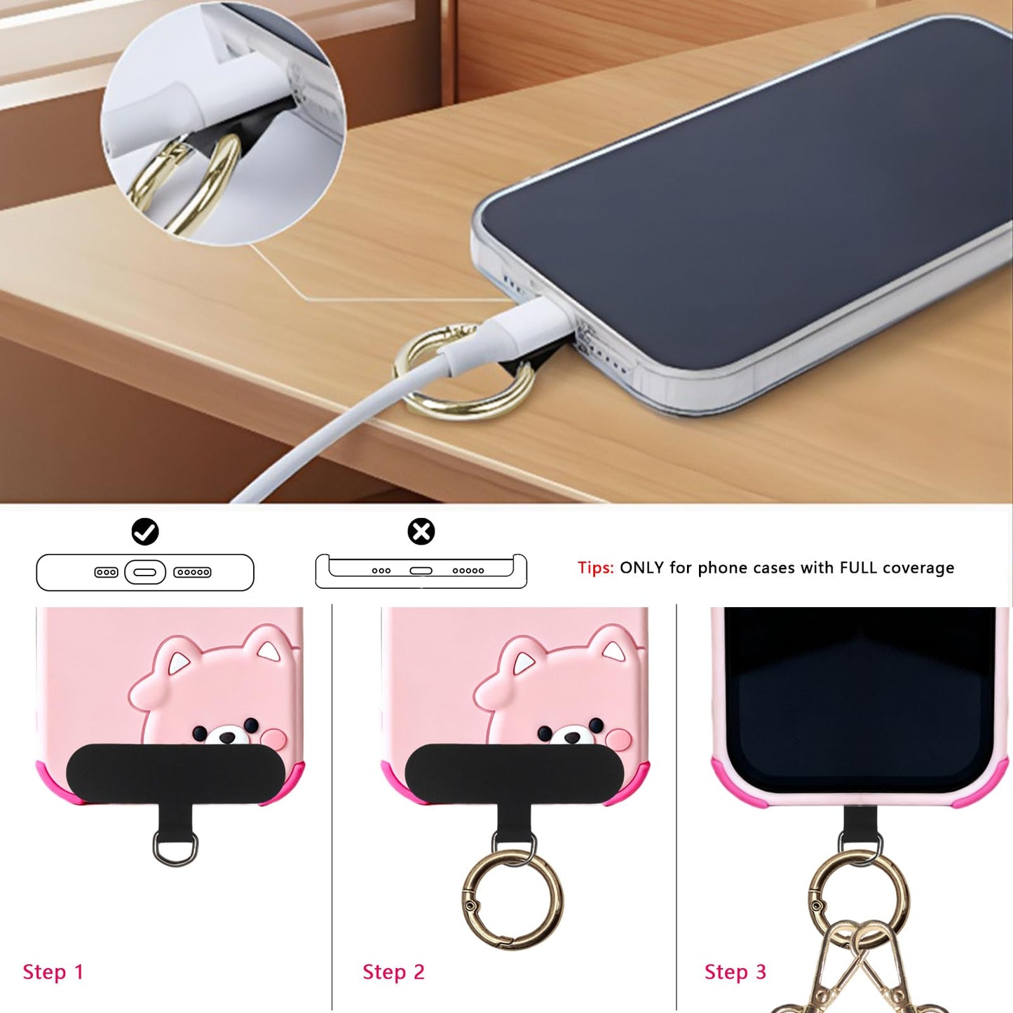 Jusen Clip and Go Strap for Phone with Wallet Crossbody,Adjustable Crossbody Cell Belt,Neck Shoulder Lanyard for Women (Pink)