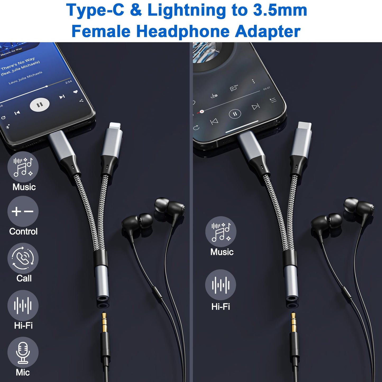 USB C and Lightning to 3.5 mm Headphone Adapter for iPhone - 2 in 1 USB C to 3.5mm & Lighting to 3.5mm Aux to USB C and Lightning Audio adapter