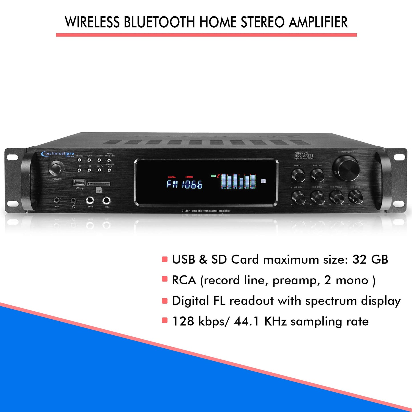 Technical Pro 1500 Watt Multi-Channel Bluetooth Home Stereo Digital Hybrid Amplifier with USB and SD Inputs, 2 Mic Inputs, AM/FM Digital Tuner