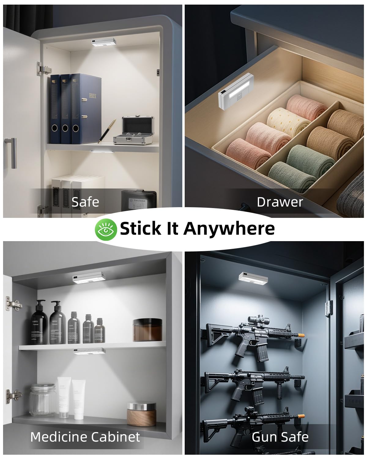 Amagle 6 Pack Door Open Sensor Cabinet Lights, Cordless LED Cabinet Closet Light, Battery Operated Cupboard Drawer Light Door Activated Stick on Puck