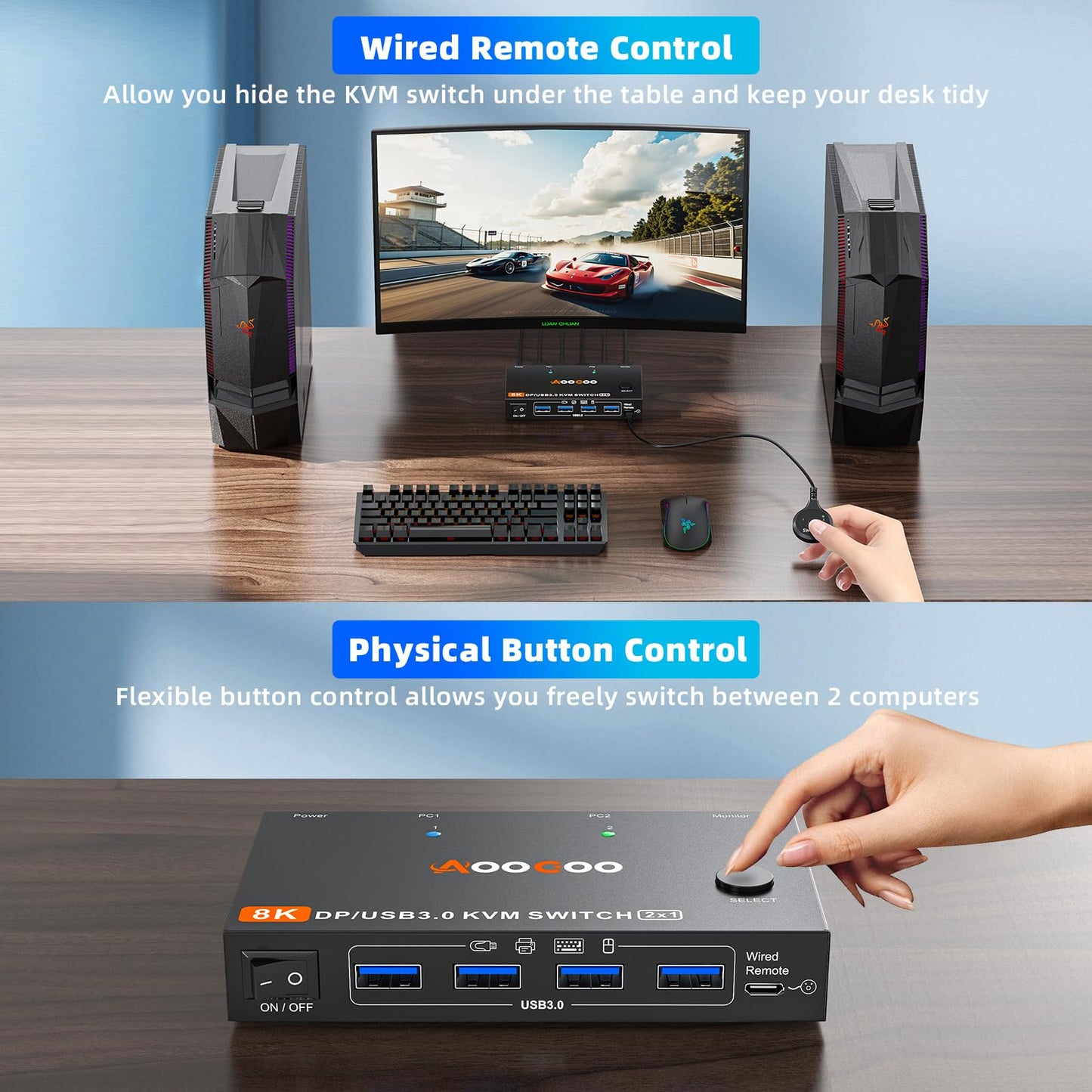DP KVM Switch 2 Computers 1 Monitor, 8K@60Hz/4K@240Hz Single Monitor KVM Switch for 2 PC Share 1 Monitor and USB3.0 Devices, with USB