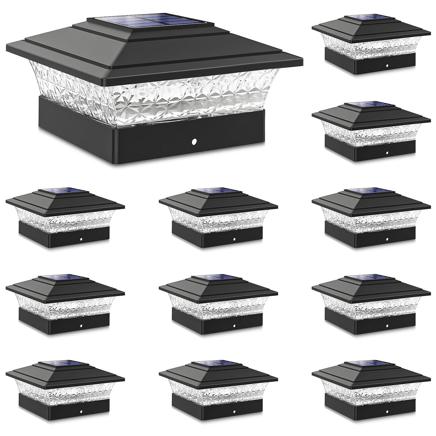 Solar Post Cap Lights Outdoor 12pack, Waterproof Fence Post Lights with 16 Ultra Bright LEDs Fit 4x4 Wood/Vinyl Posts, Black Deck Post Lights