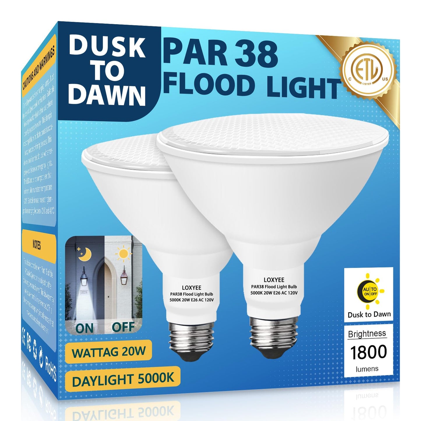 LOXYEE 2 Pack LED PAR38 Dusk to Dawn Flood Light Bulbs Outdoor ?20W(200W Equivalent) E26 Base Flood Light Bulbs,5000K Daylight 1800 Lumens LED Flood