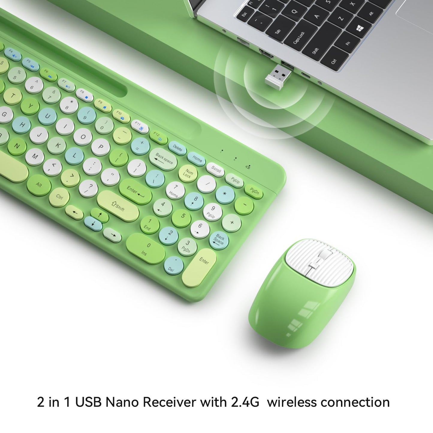 Retro Wireless Keyboard and Mouse Combo, Full-Size USB Keyboard with Round Keycaps, 2.4GHz Wireless for Desktop, Laptop and Computer (Green-Colorful)
