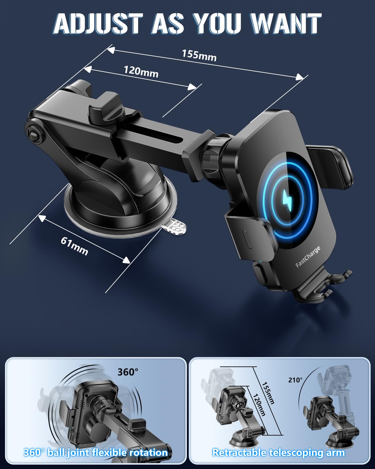 BothLin 3-in-1 Wireless Car Charger Mount, 15W Fast Charging Auto-Clamping Phone Holder for iPhone 17 16 15 14, Samsung Galaxy S24 S23, Dashboard