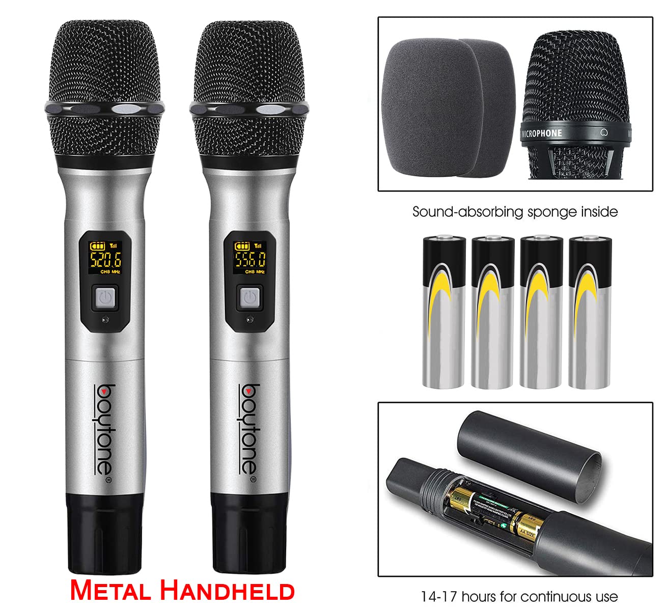 Boytone BT-48UM 100 Channels Wireless Microphone Dual Metal Professional UHF Cordless Dynamic Mic Handheld Microphone System, for DJ, Meeting, Party