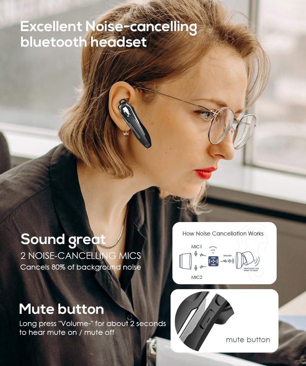 Single Ear Bluetooth Headset V5.4 Noise Canceling Microphone, Bluetooth Earpiece, 36Hrs Talk Time, Hands-Free Wireless Headset