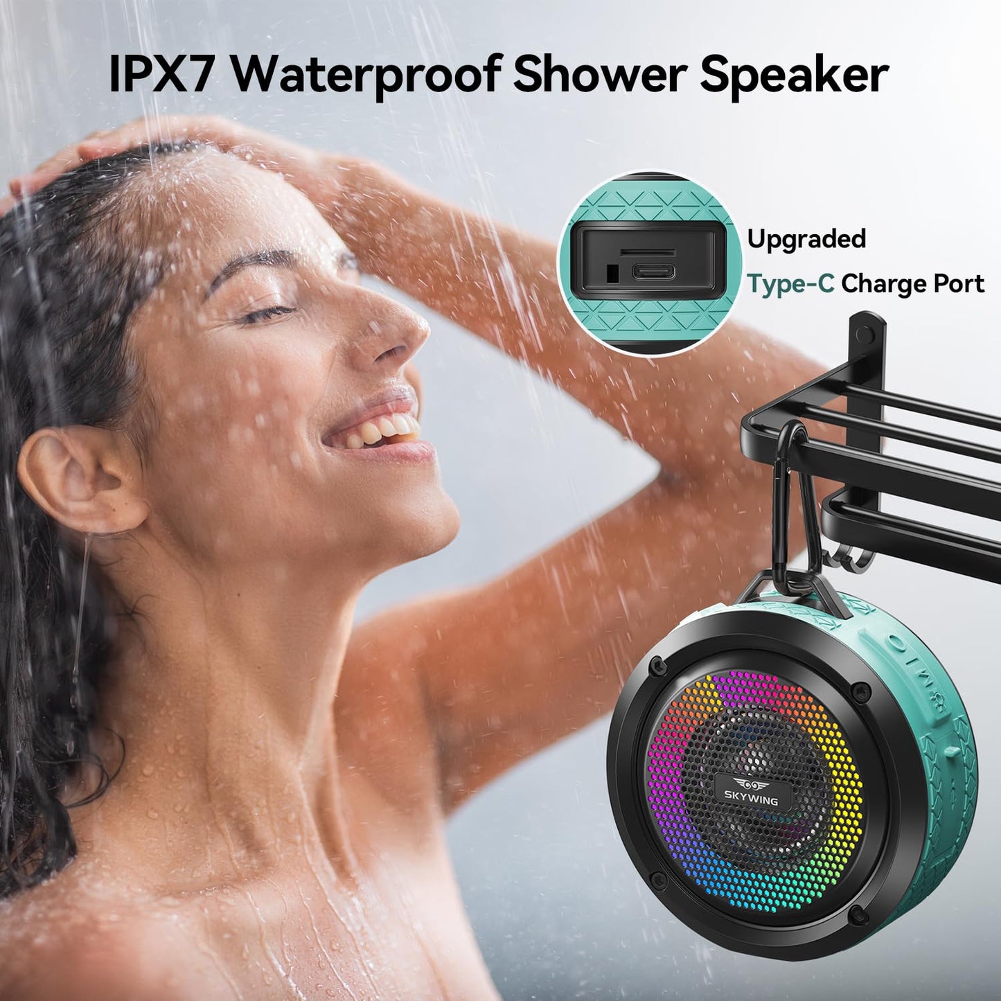 SKYWING Shower Speaker, Certified IPX7 Waterproof,Portable Bluetooth Speaker with Suction Cup,Hook,Light, Stocking Stuffers, Premium Mini Outdoor
