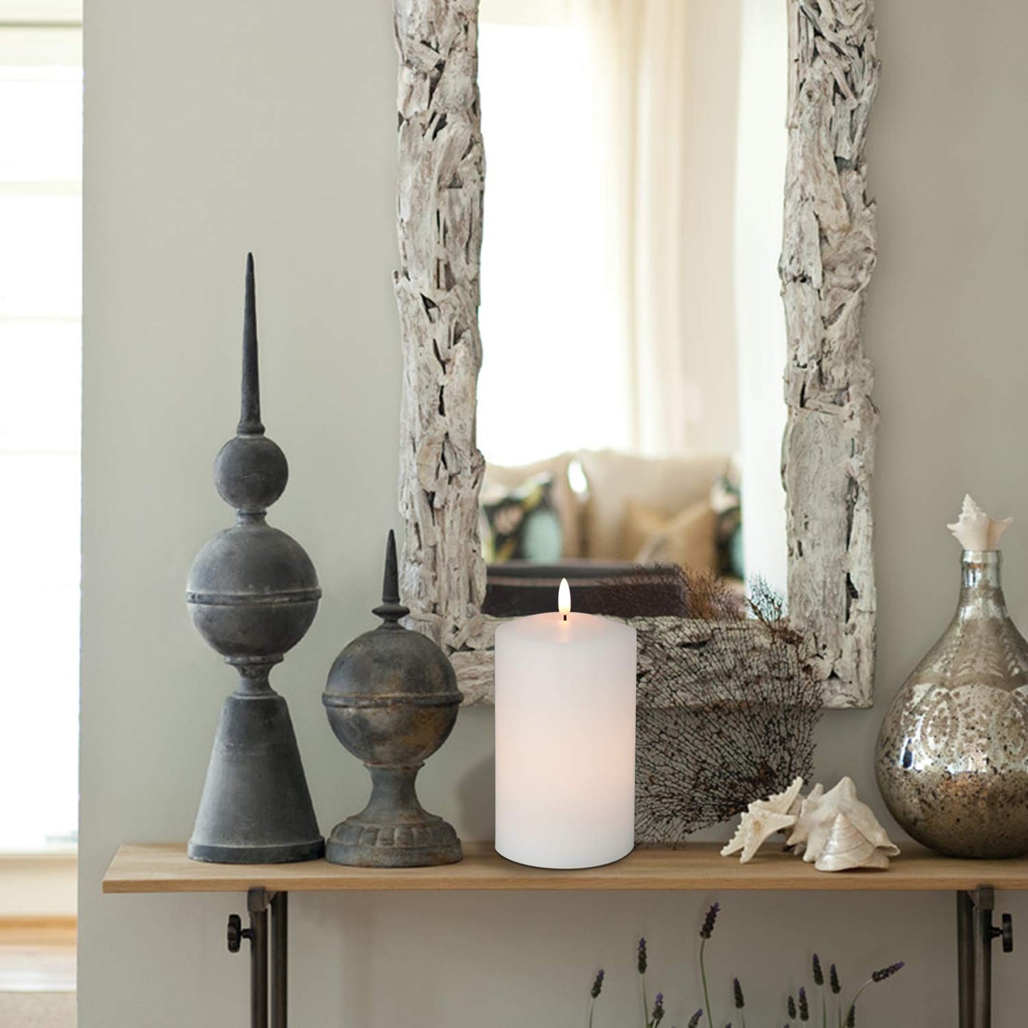 Eldnacele Large Flameless Flickering Candles White 3D Realistic Black Wick with Timer, 4” X 7.5” Battery Operated Real Wax Pillar Candles Warm White