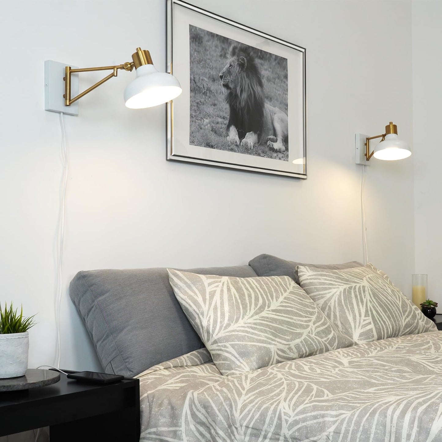 Globe Electric 51344 1-Light Plug-in or Hardwire Swing Arm Wall Sconce, White, Brass Accents, White-Cloth Cord, Mounted Bedside Lamp, Kitchen Sconces