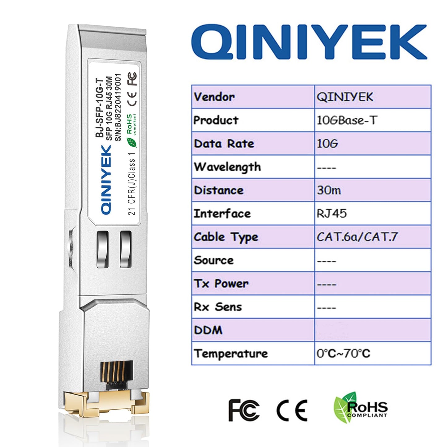 QINIYEK 10G SFP+ to RJ45 Module | 10Gbase-T Transceiver Compatible with Cisco, Ubiquiti, TP-Link, Meraki, Netgear and Open switches | CAT6a/7