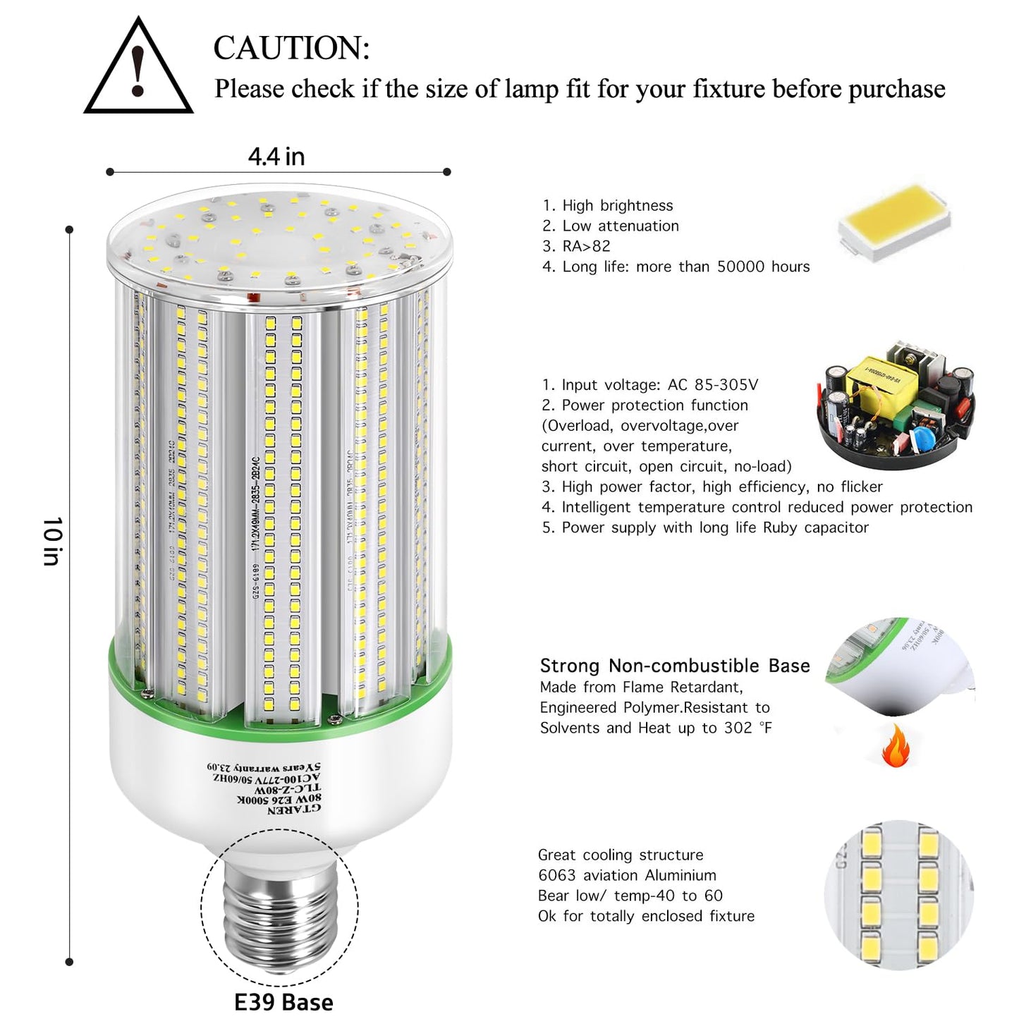 GTAREN 80W LED Corn Light Bulb 2pack,250 Watt Metal Halide HPS CFL HID lamp LED Replacement,5000K E39 Mogul Base,for Street and Area Lighting Bay