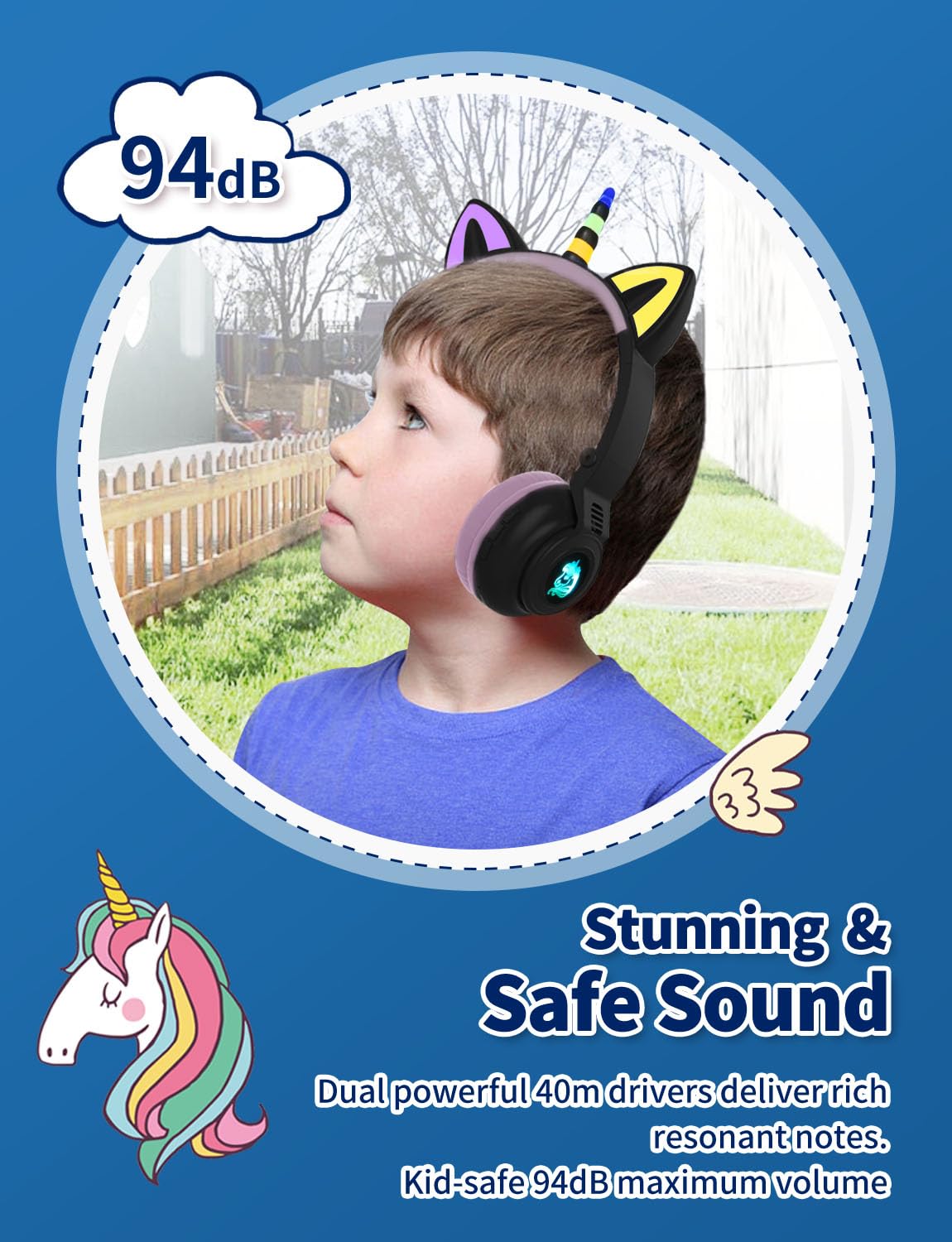 YUSONIC Unicorn Kids Headphones for Girls, Unicorn Bluetooth Headphones Foldable for Girls Toddlers Tablet/pad/Amazon fire,Light Up Kids Wireless…