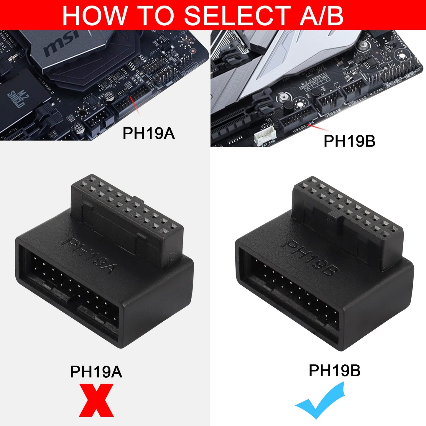 QIANRENON USB 3.0 19/20 Pin 90 Degree Adapter Male to Female L Turn Right Angle Socket for Desktop Motherboard Internal Connector Down Angled(PH19B)
