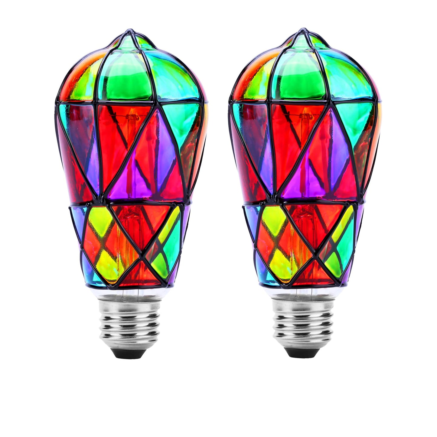 Tidorlou 2 Pack Stained Glass LED Light Bulb, Dimmable E26 Medium Base, ST64 3.5W LED Bulb for Home Party, Balcony, Garden, Christmas Halloween