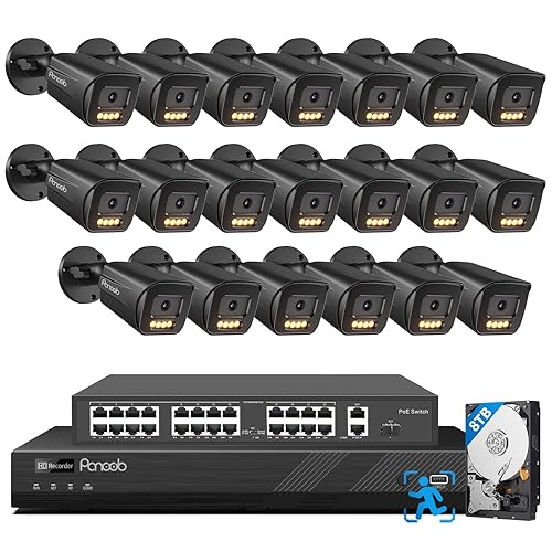 PANOOB 32 Channel Security Camera System, 20pcs 5MP PoE IP Bullet Camera, Smart Color Night Vision, 2 Way Audio Talking, AI Human Vehicle Detection
