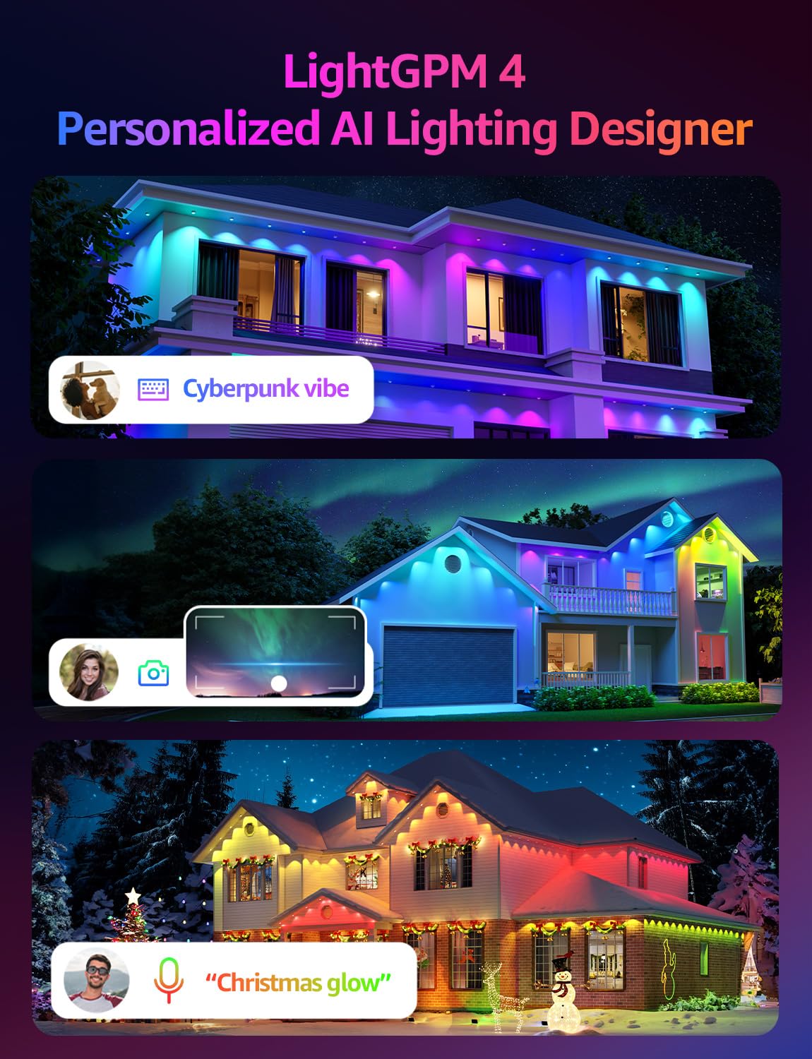 Lepro EE1 AI Permanent Outdoor Lights with Dual-Output, 50ft 30 LED RGB+IC Smart Outside Light for House Christmas Decor,Alexa Google Enabled 2.4 GHz