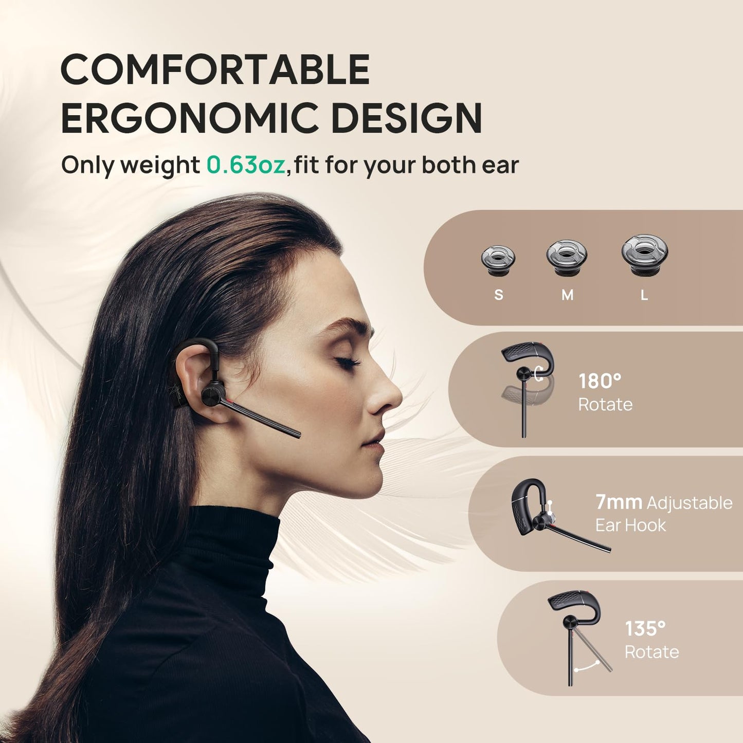 Yealink BH71 Lite Bluetooth Headset,Wireless Earpiece with 4 Noise Cancelling Microphone,10H Talk Time,Adjustable Ear Hook,Bluetooth Earphones