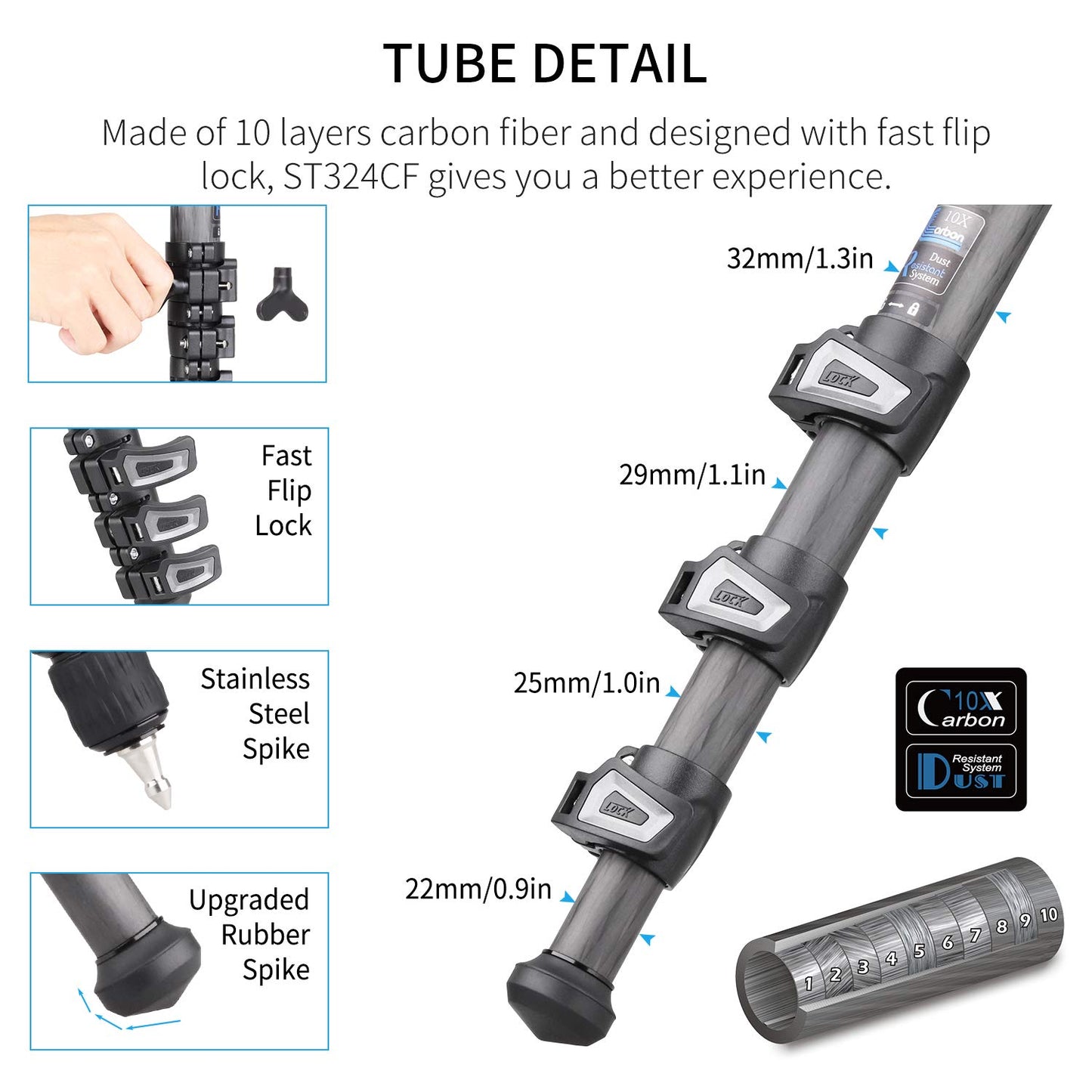 INNOREL ST324CT/ST324CF Carbon Fiber Tripod Max Height 160cm Max Load 30kg Max Tube Dia 32mm Professional Birdwatching Heavy Duty Camera Stand (Fast