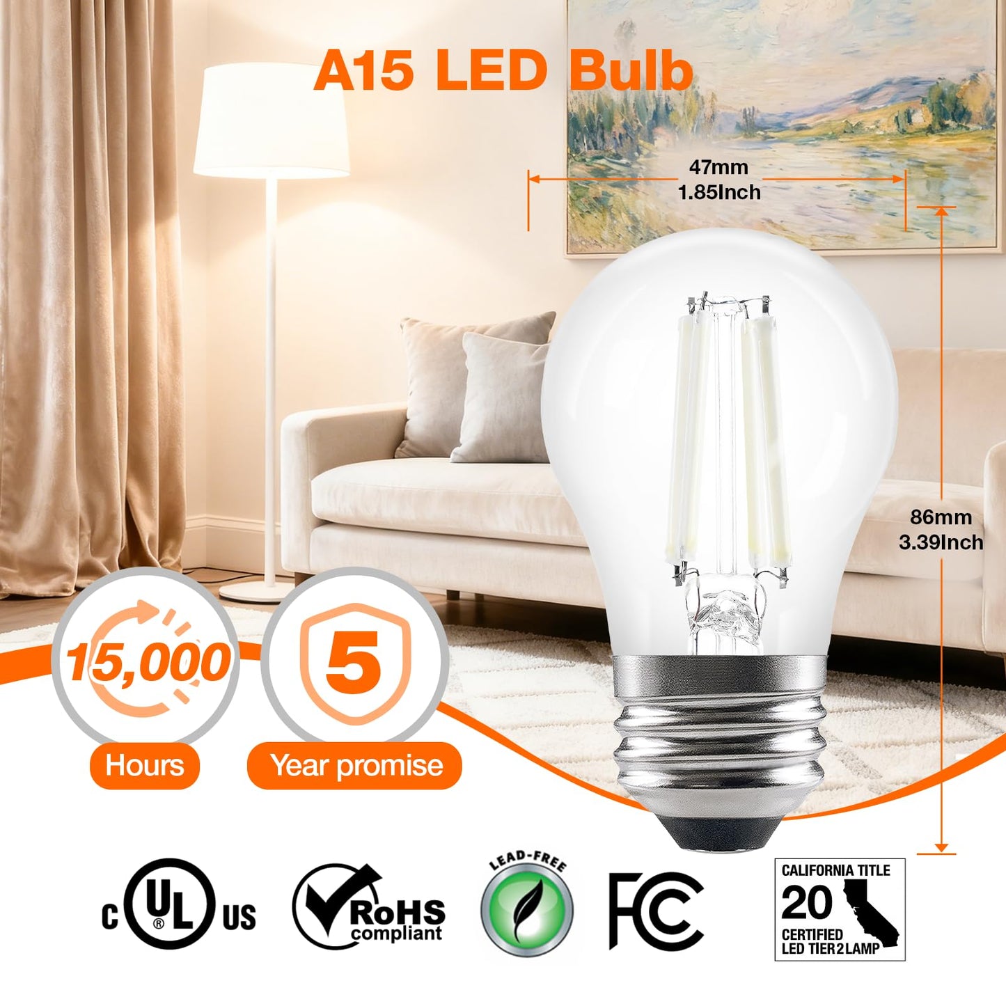 Sylvania LED White Filament Refrigerator Light Bulb, Soft White 2700K, A15 Fridge Light Bulb, Appliance Bulb for Ceiling Fan Light Bulbs, 40W