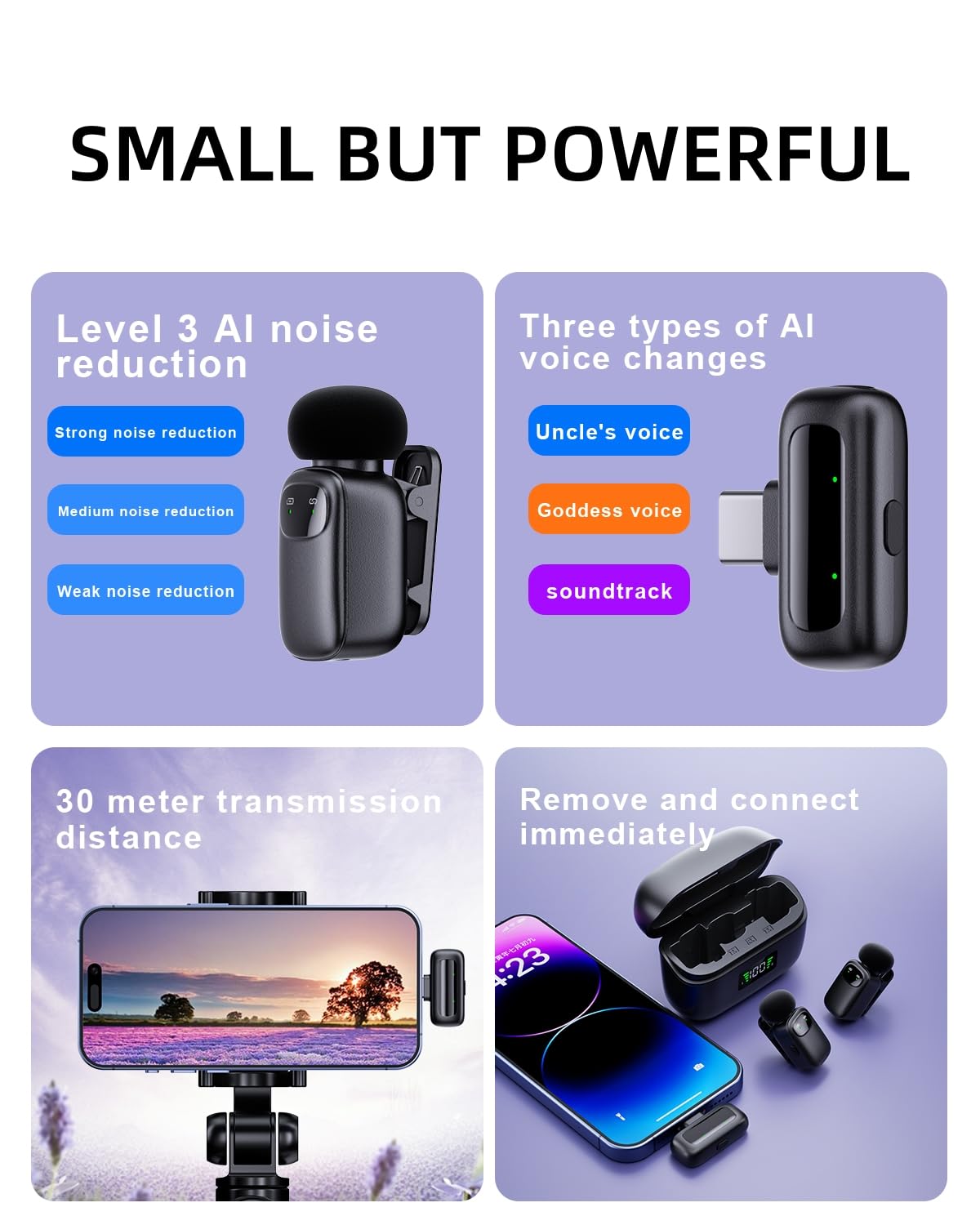 METTOMUS T1 mini Wireless Lavalier Microphone for iPhone/Android/iPad, 3-Level Noise Reduction, 30H Battery Life, AI Voice Changer, Lapel Microphone