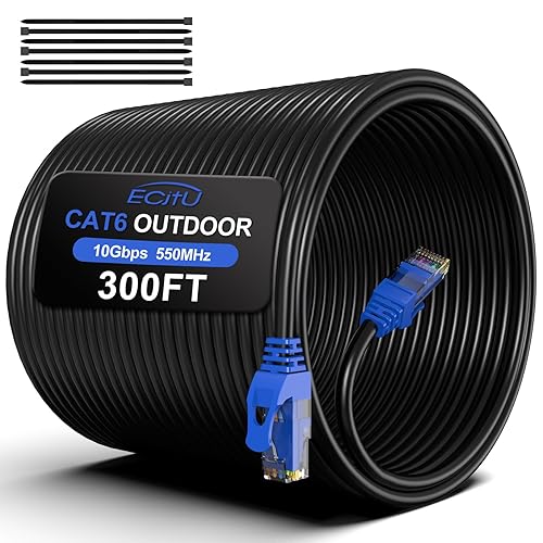 300FT Cat6 Outdoor Ethernet Cable, In-Ground, Heavy Duty Direct Burial, 24AWG CCA Patch Cord, POE, UTP, Waterproof, LLDPE UV Resistant, Network