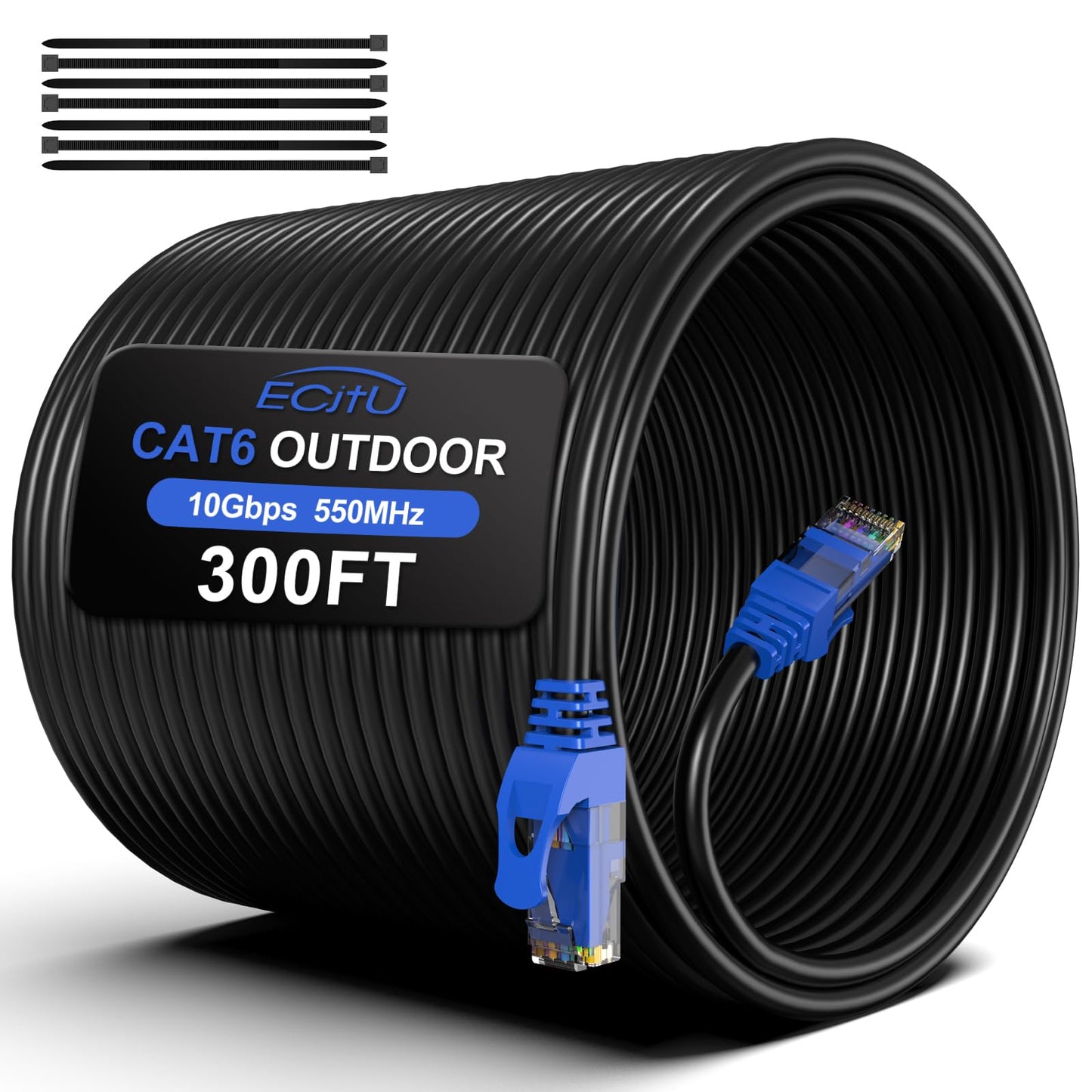 300FT Cat6 Outdoor Ethernet Cable, In-Ground, Heavy Duty Direct Burial, 24AWG CCA Patch Cord, POE, UTP, Waterproof, LLDPE UV Resistant, Network
