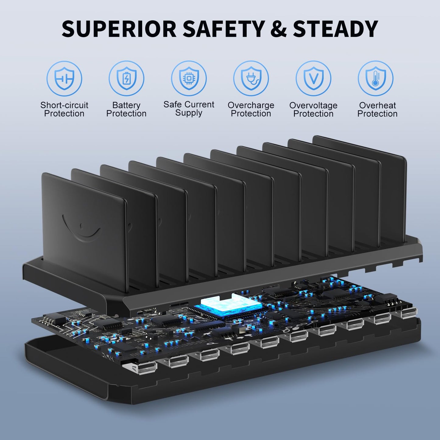 USB Charging Station for Multiple Devices, 10 Port 60W Multiple USB Charger Station with Adjustable Dividers, Fast Charging Station Hub for Hotels