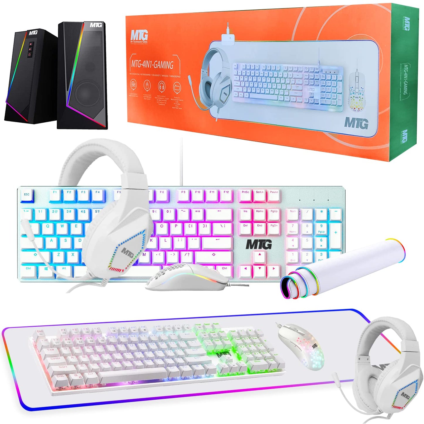 Gaming Kit for PC, RGB Keyboard and Mouse, Gaming Headphone, Large LED Desk Mat with Smooth Surface, RGB Speaker for Desktop Computer, Xbox and PS4